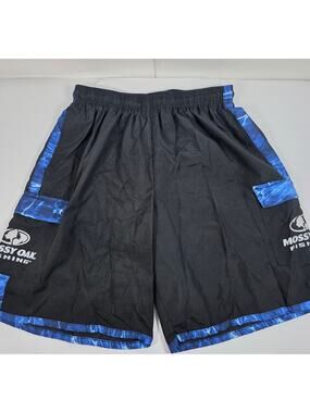 Mossy Oak Men’s L Fishing Elements Swim Cargo Shorts Black /Blue Camo Trim
